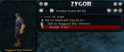 Zygor's leveling guide showing the quest and who to look for